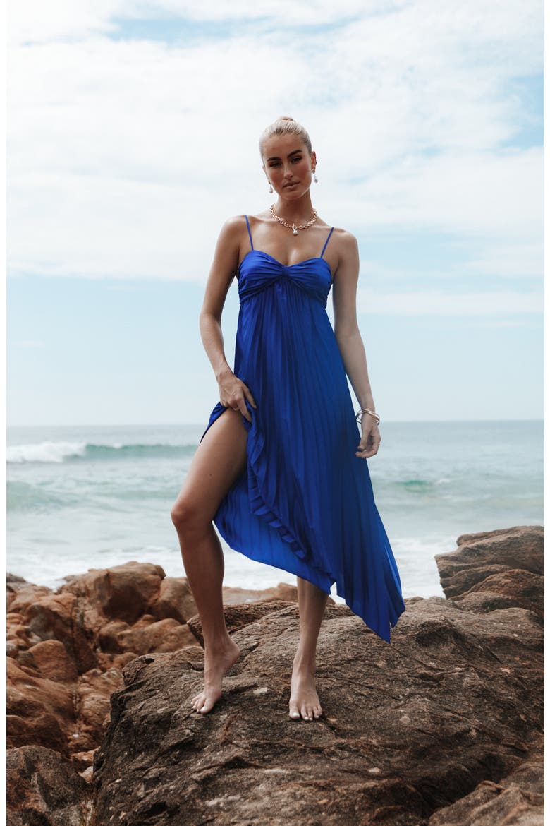 Vikki Pleated Sleeveless Satin Maxi Dress, Alternate, color, ROYAL BLUE