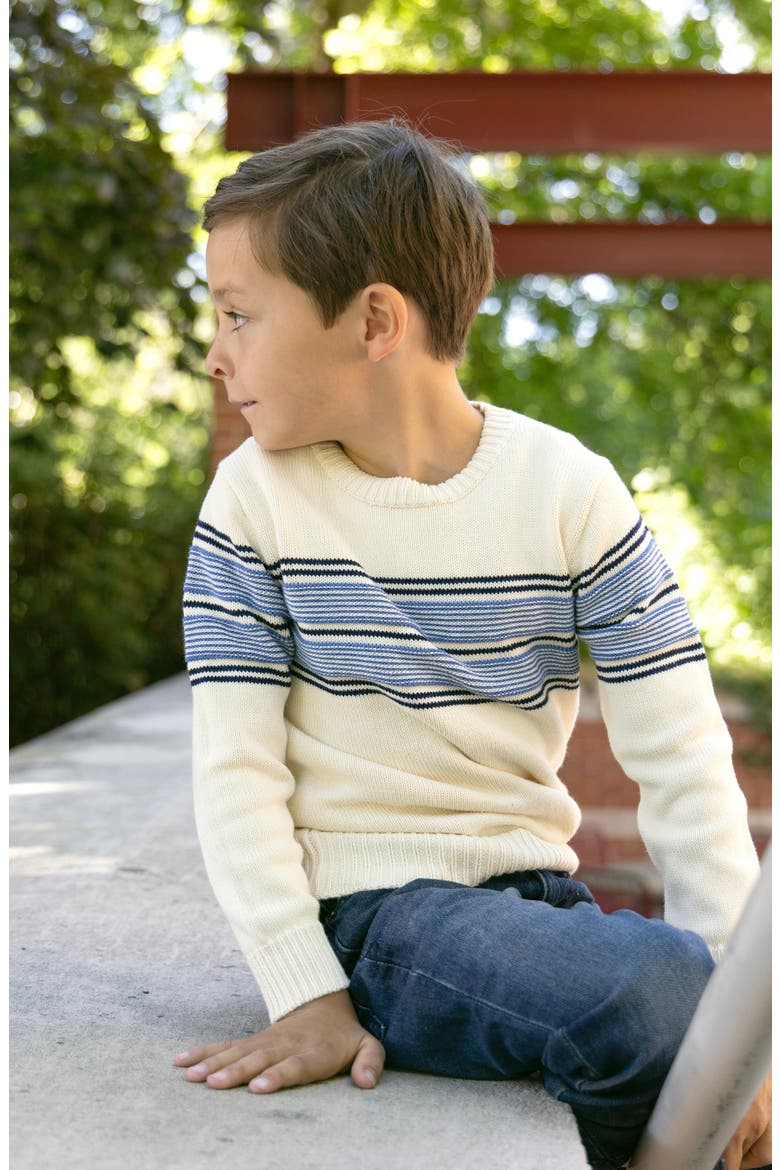 Kids' Organic Striped Crew Neck Pullover Sweater, Alternate, color, Ivory and Blue Chest Stripe