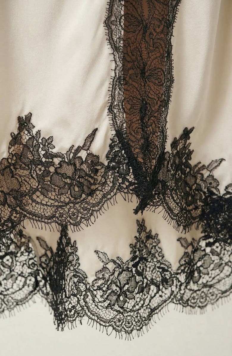 Modenaire Lace Trim Asymmetric Satin Midi Skirt with Contrast Panel, Alternate, color, Beige