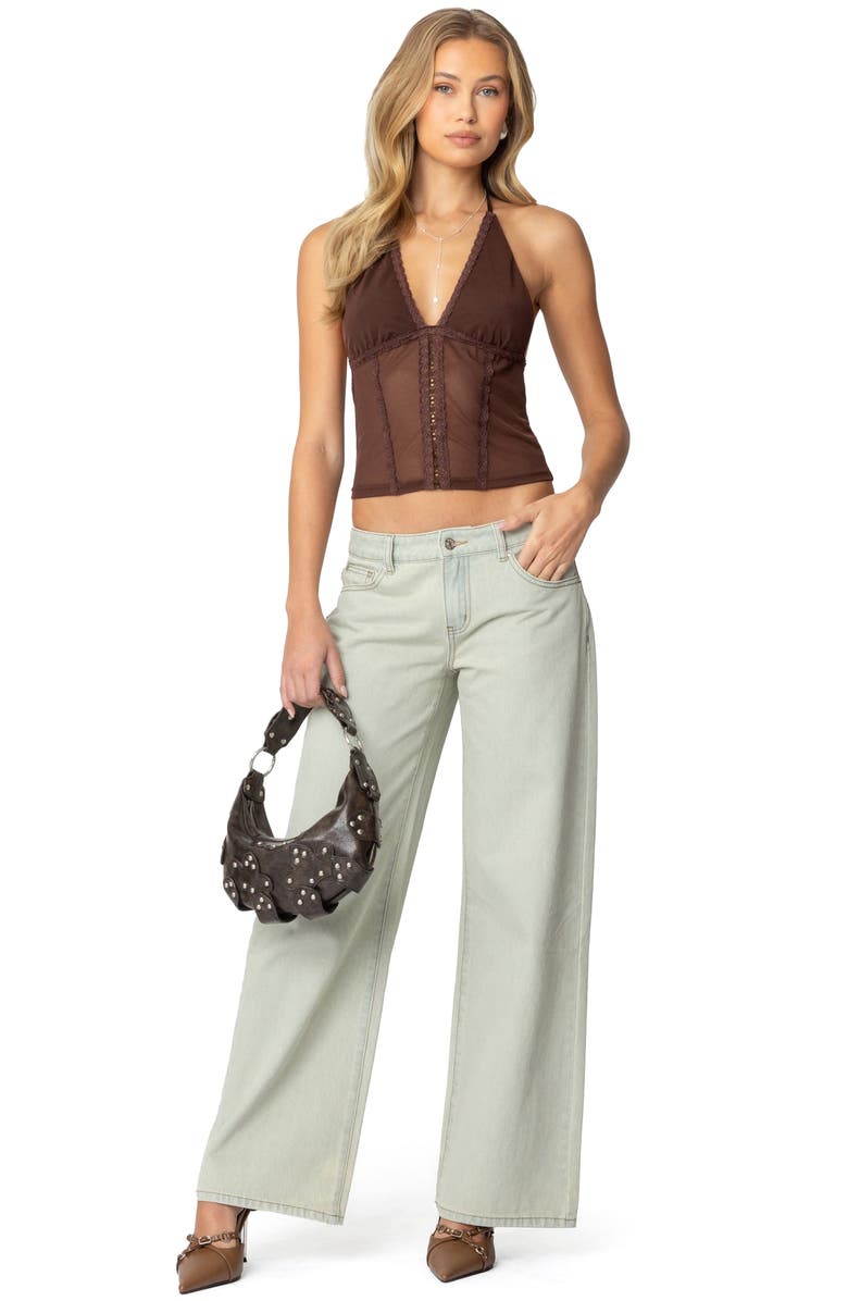 EDIKTED Lucie Lacy Mesh Halter Top, Alternate, color, Brown