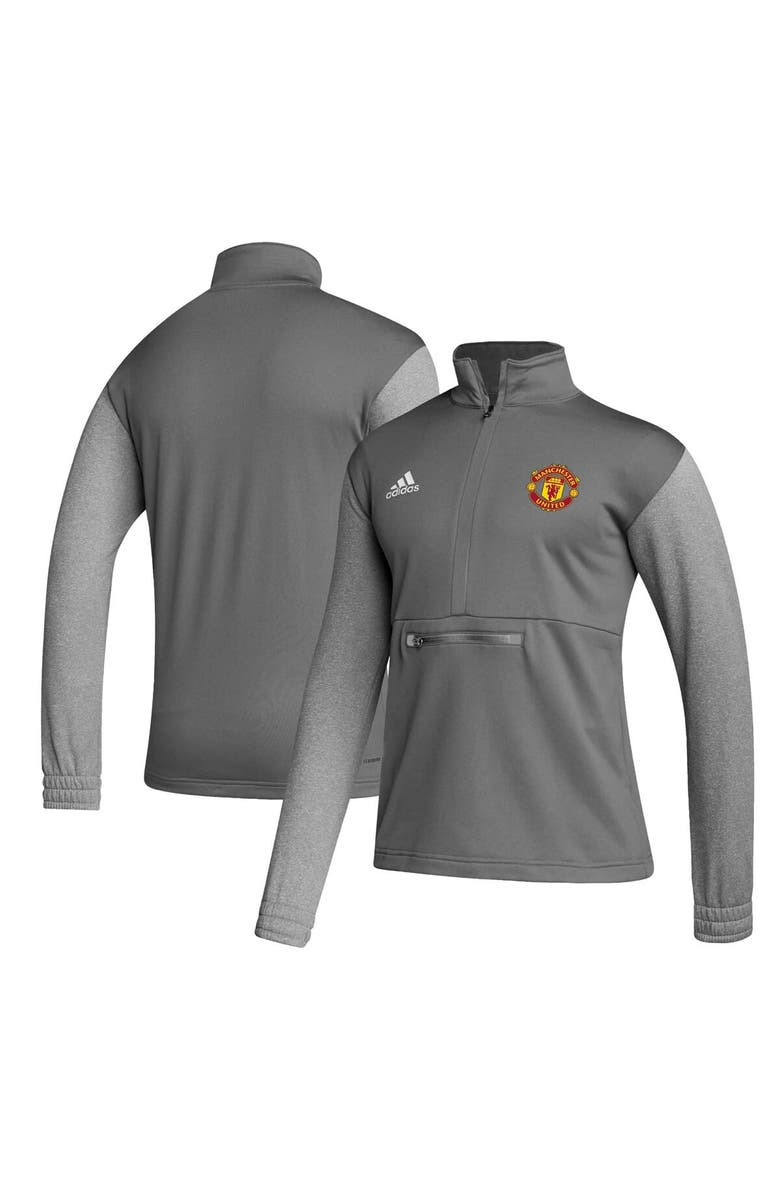 adidas Men's adidas Gray Manchester United Crest Long Sleeve Half-Zip Top, Main, color, 