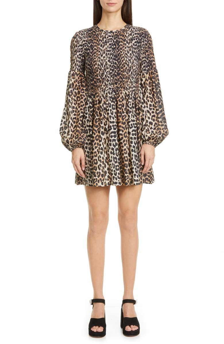 Ganni Leopard Print Long Sleeve Smocked Minidress, Main, color,