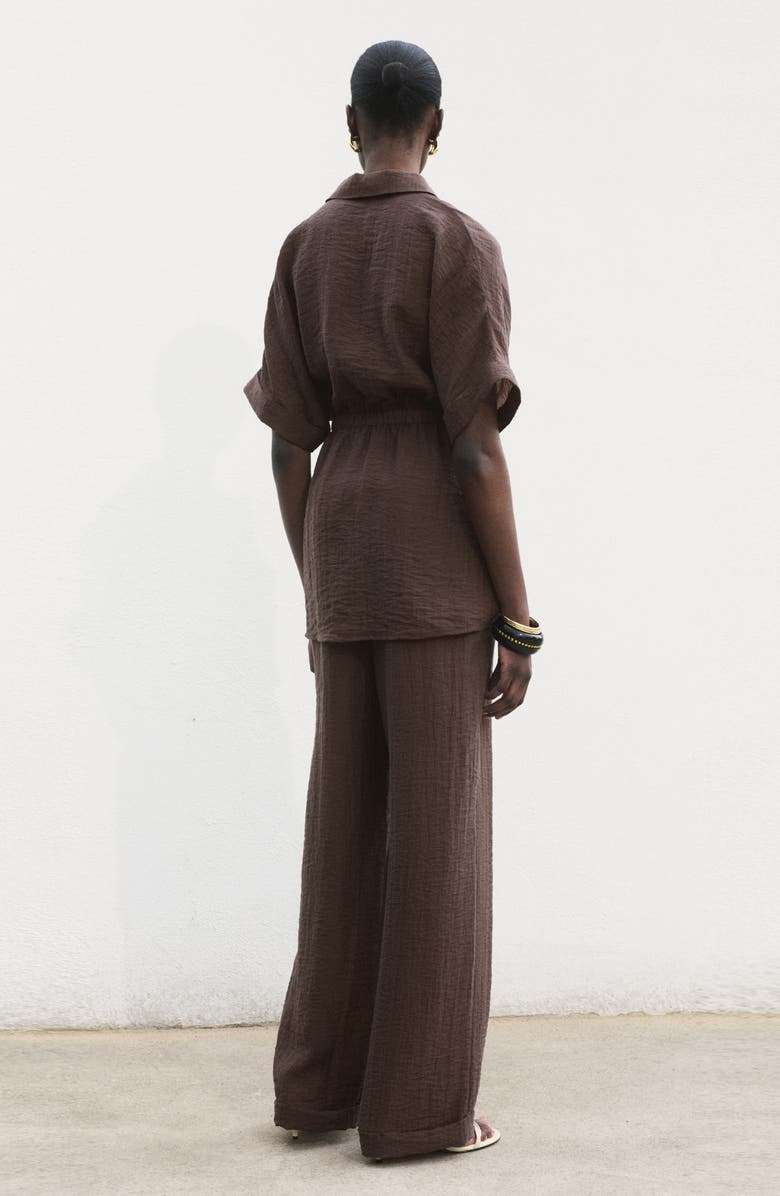 MANGO Short Sleeve Lyocell Blend Button-Up with Adjustable Drawstring Waist, Alternate, color, Chocolate