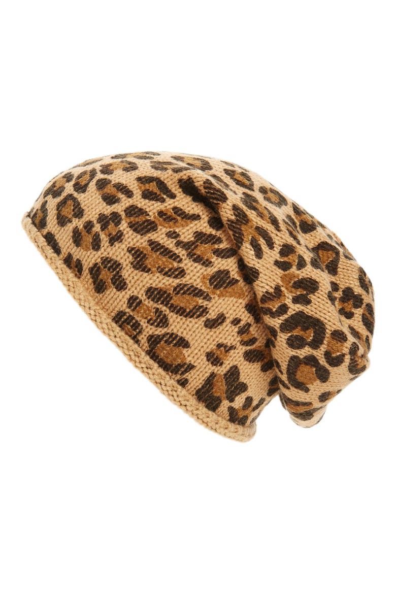 Leopard Print Slouchy Beanie, Main, color, CAMEL