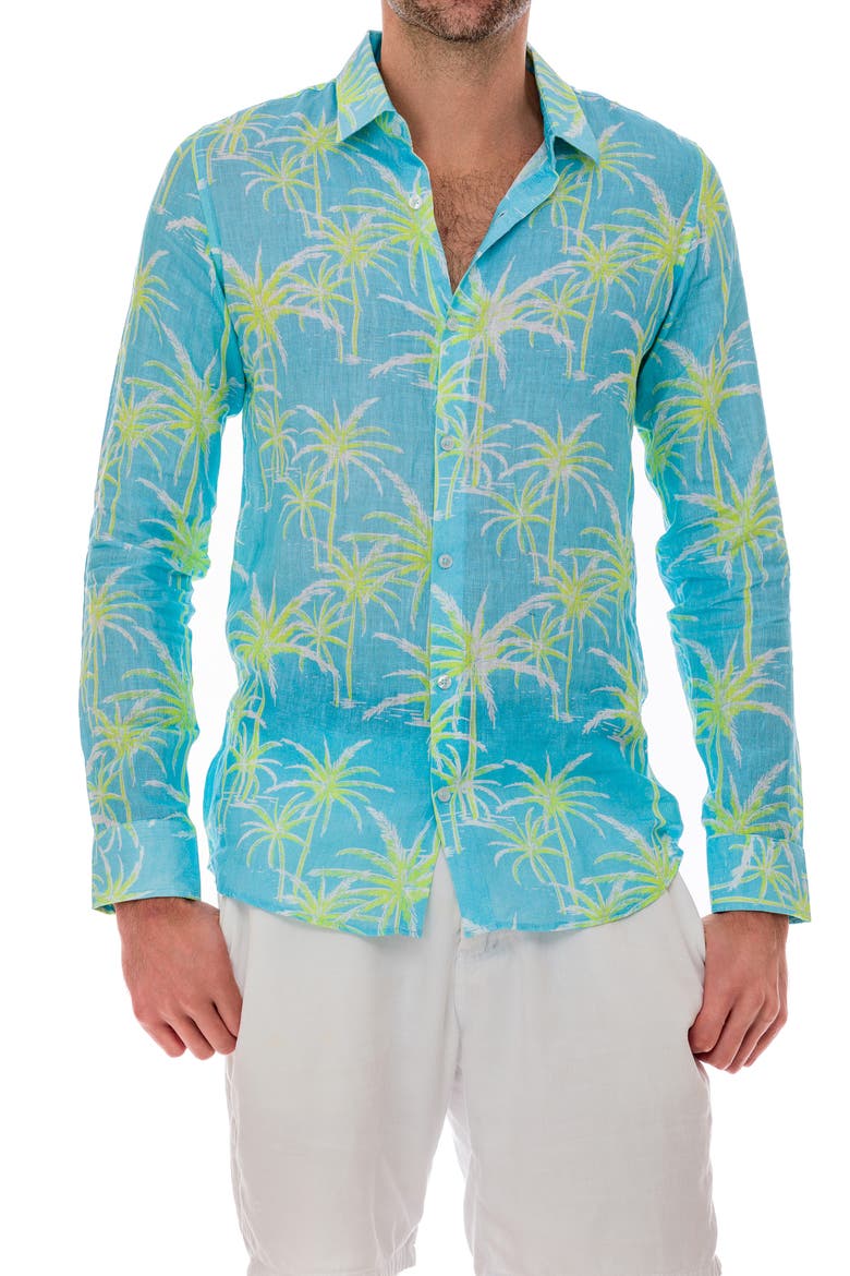 Palm Linen Button-Up Shirt, Alternate, color, BLUE