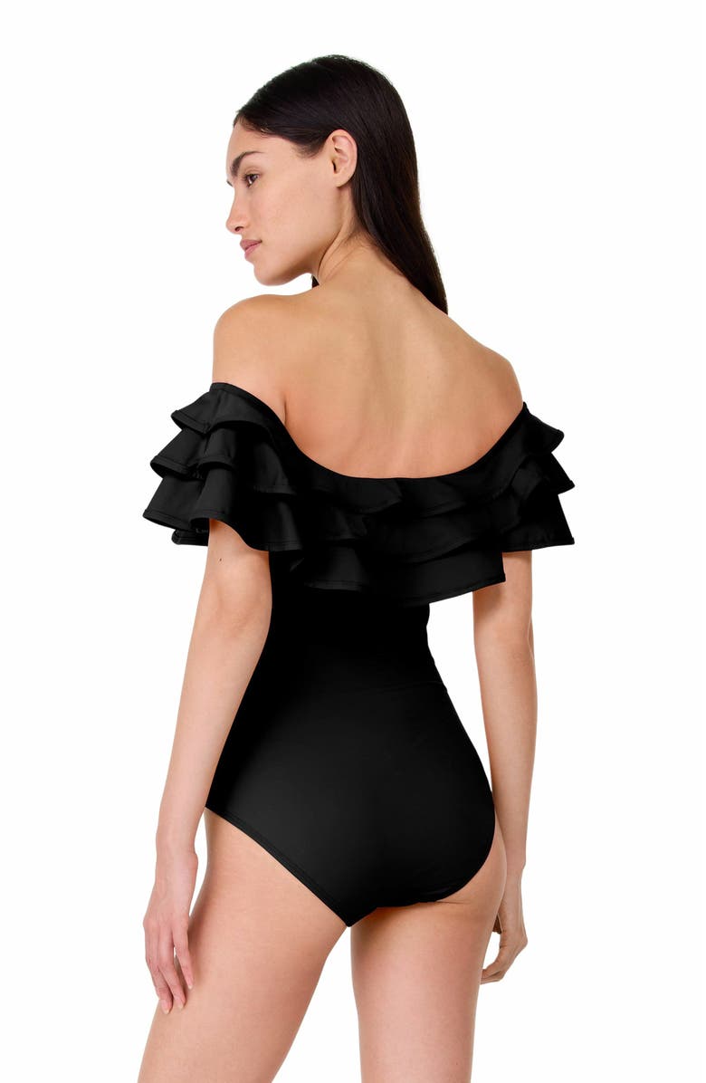 Kate Spade New York Ruffle One Piece Swimsuit- Solids, Alternate, color, Black