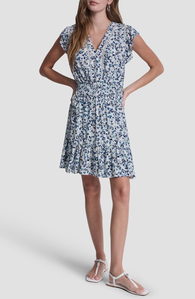 DKNY Jeans Floral Smocked Waist Minidress, Main, color, Blue
