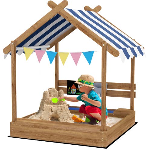 Outsunny Wooden Sandbox with Canopy, Sand Pit & Liner in Brown 