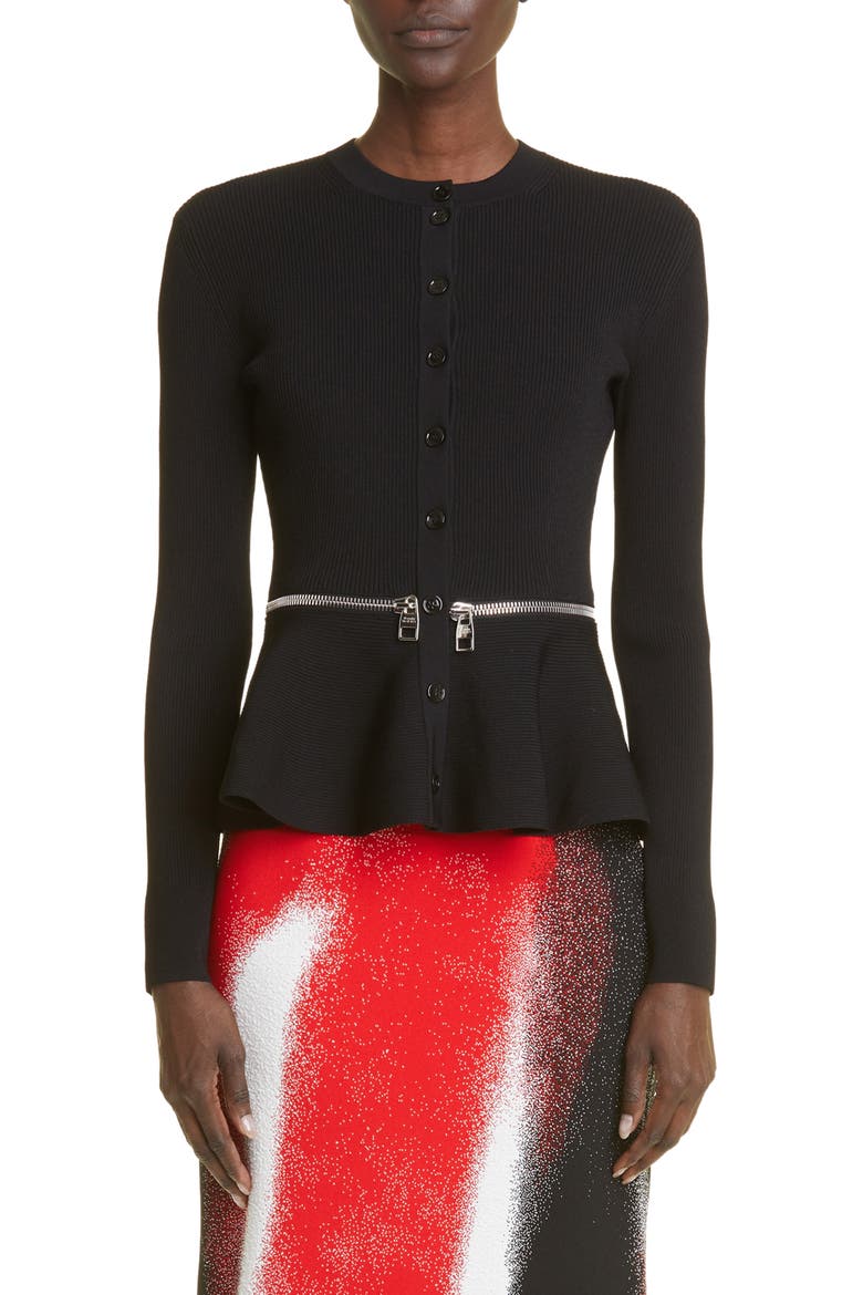 Rib Peplum Cardigan, Main, color, BLACK