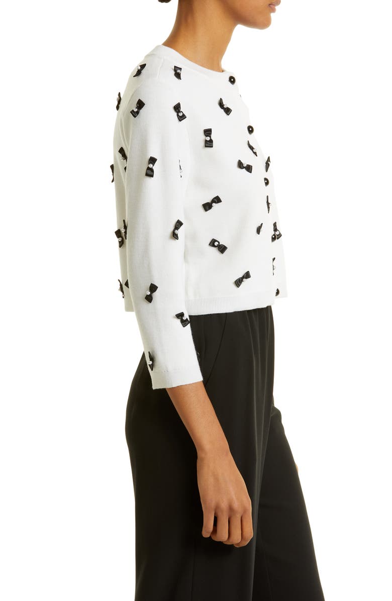 Alice + Olivia Daroda Bow Appliqué Stretch Wool Crop Cardigan, Alternate, color, 