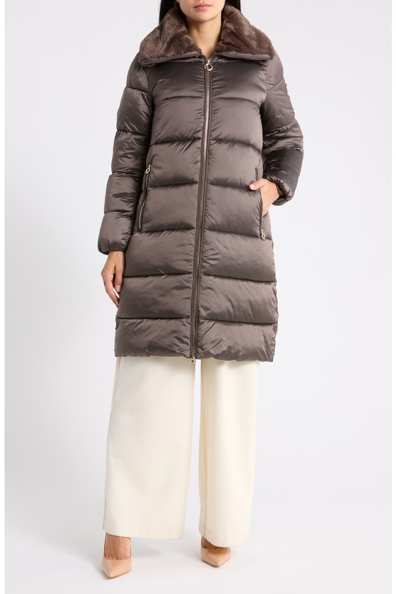 Faux Fur Collar Quilted Puffer Jacket, Main, color, MOCHA