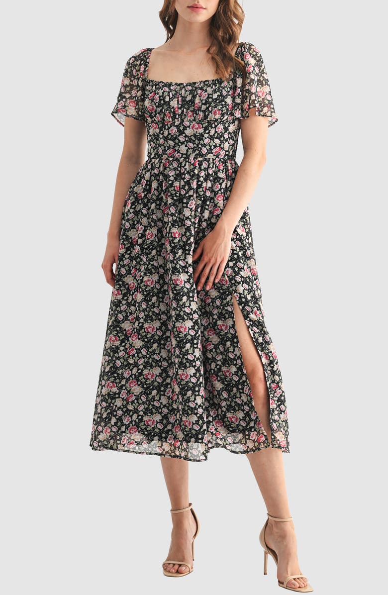 All in Favor Floral Butterfly Sleeve Midi Dress, Main, color, Black Pink Floral