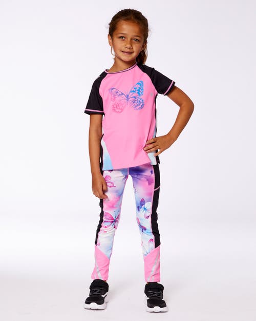 Deux Par Deux Little Girl's Printed Short Sleeve Athletic Top Pink With Butterflies In Pink And Butterflies Printed