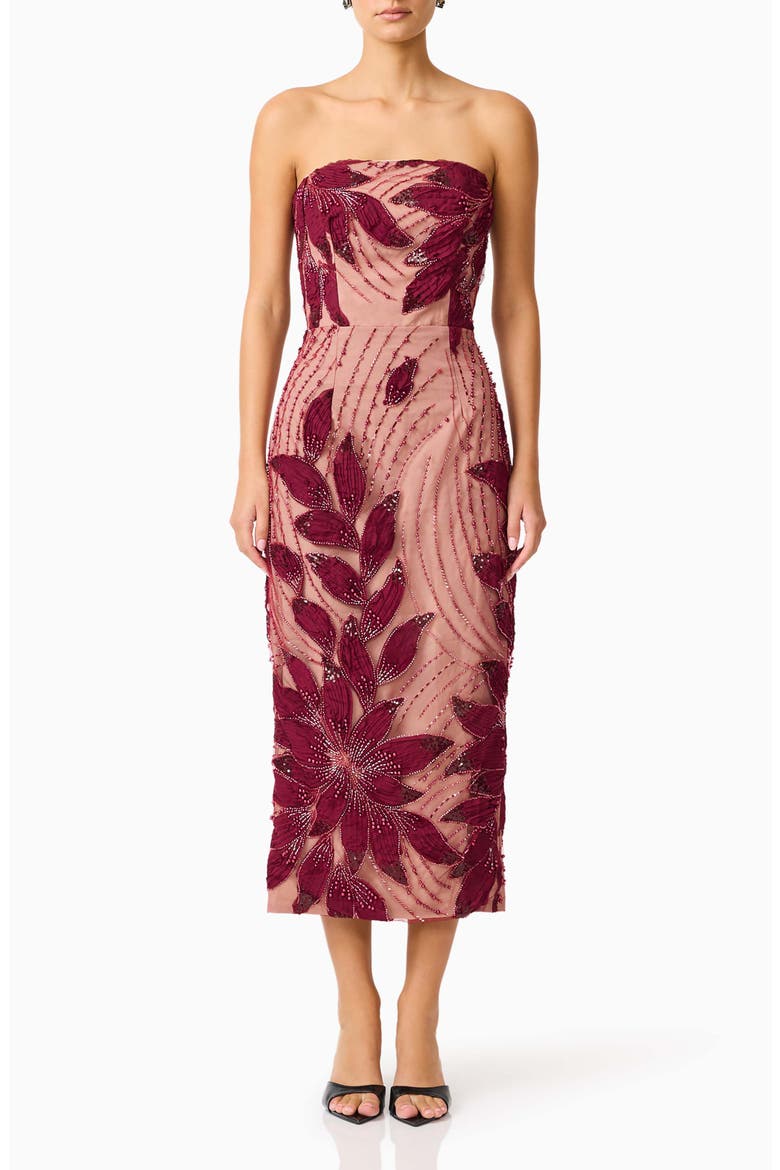 Elisa Strapless Column Midi Dress, Main, color, BURGUNDY