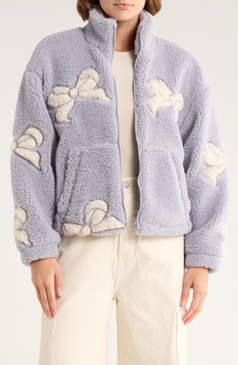 Thread & Supply Bow Patch Faux Shearling Jacket, Main, color, Dusty Blue Bow
