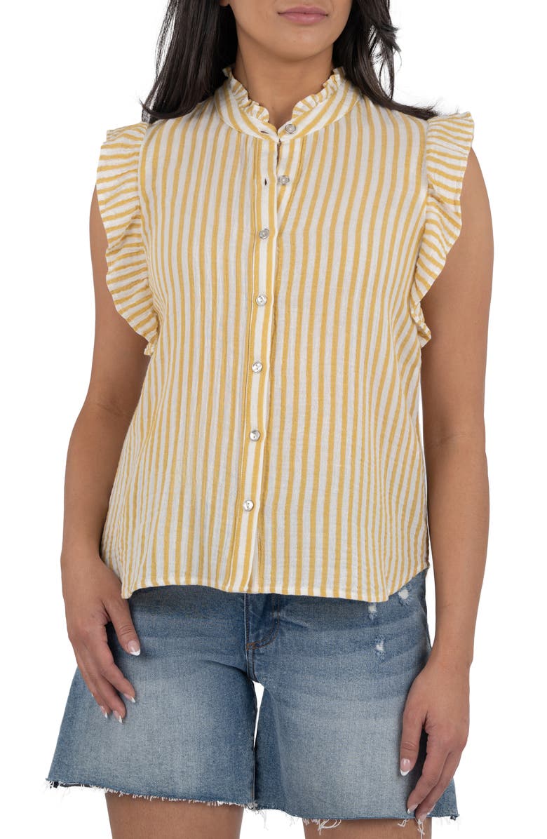 KUT from the Kloth Katara Stripe Sleeveless Ruffle Cotton Button-Up Shirt, Main, color, Yellow/ White