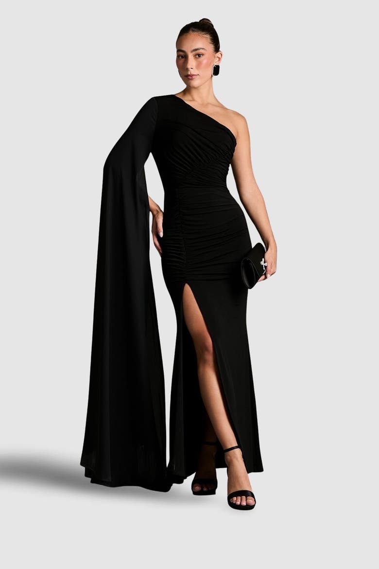 One Shoulder Ruched Maxi Dress, Main, color, Black