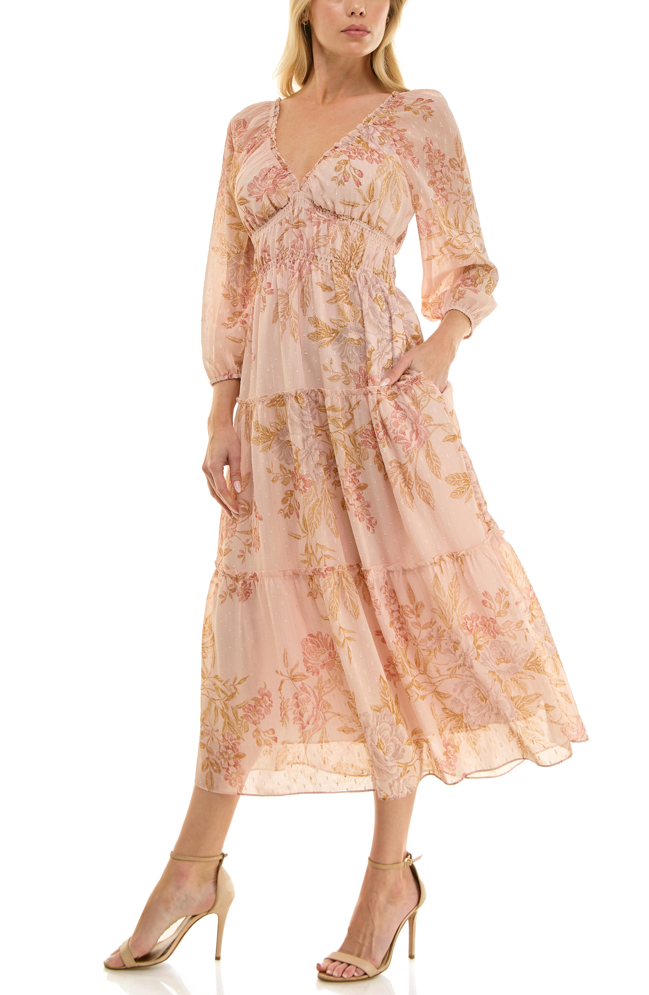 Socialite Women's Tiered Midi Dress (Rosewater Floral)