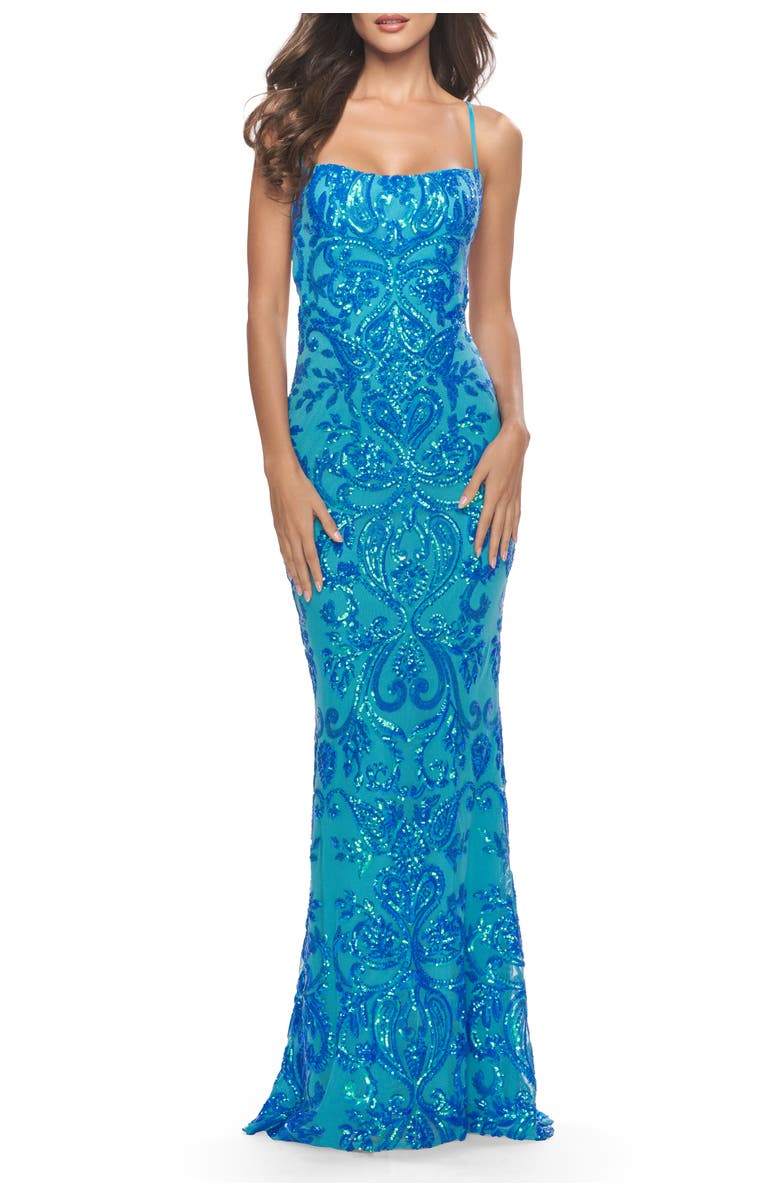 La Femme Print Sequin Gown with Square Neckline, Main, color, Aqua