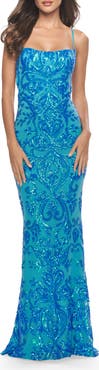 La Femme Print Sequin Gown with Square Neckline
