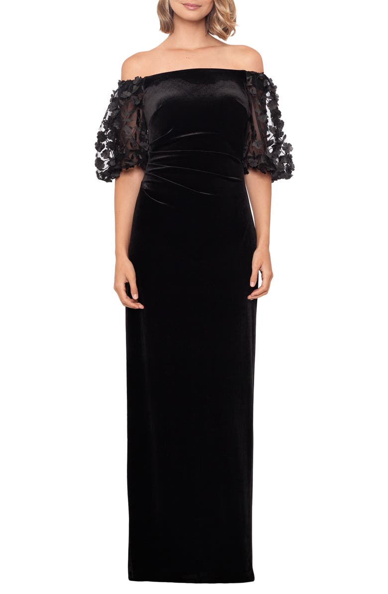 Xscape Evenings Floral Appliqué Off the Shoulder Velvet Gown, Main, color, 