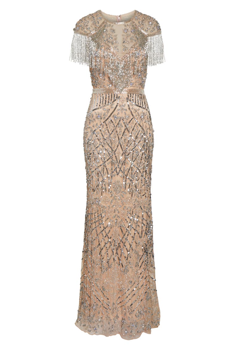 Sequin Fringe Detail Gown with Train, Alternate, color, PLATINUM