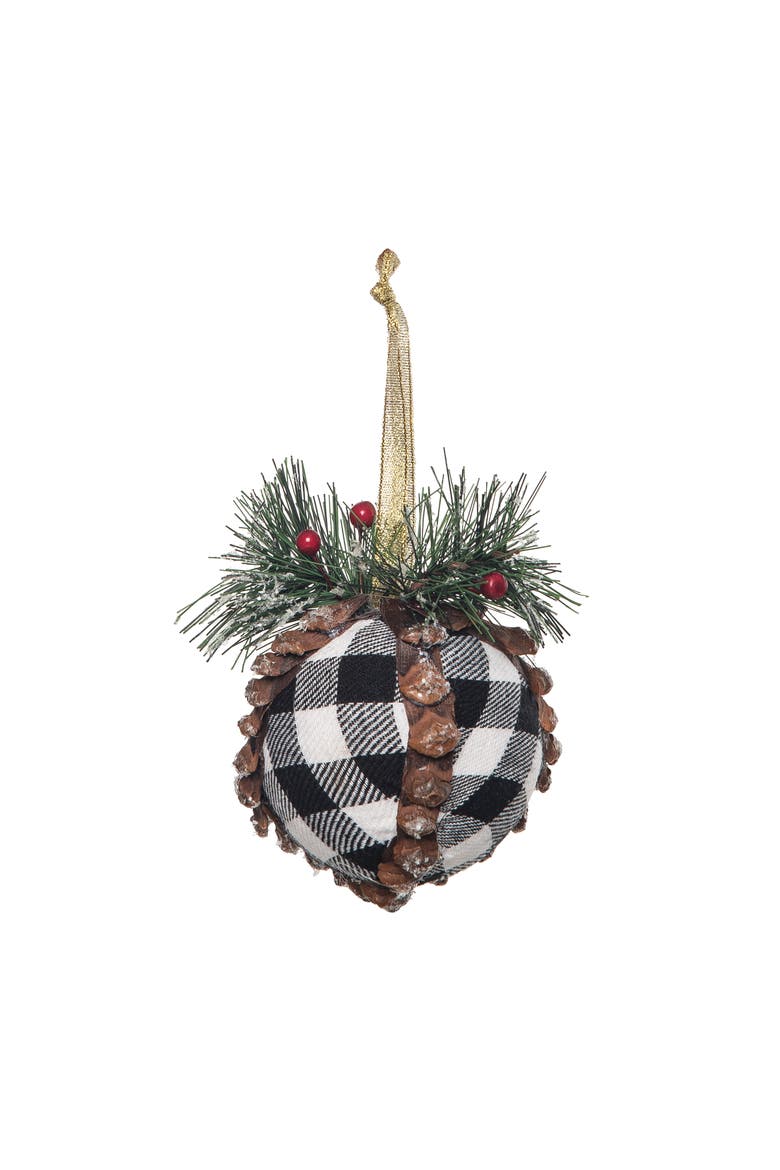 Black White Plaid Ball Christmas Tree Ornament, Main, color, Green