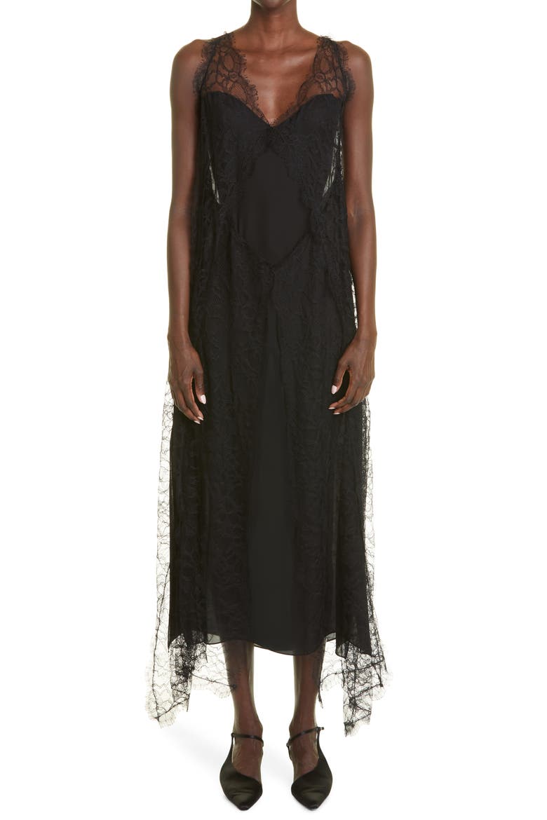 Ash Open Back Handkerchief Hem Lace Dress, Main, color, BLACK