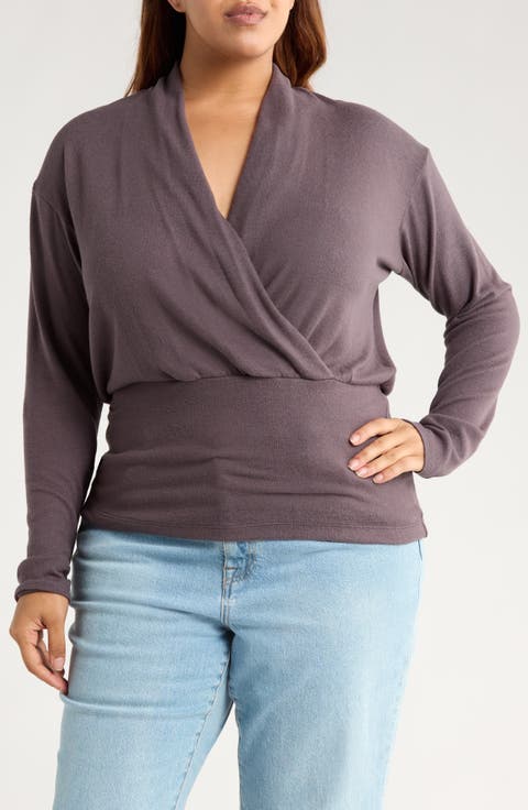 Surplice V-Neck Long Sleeve Top (Plus)
