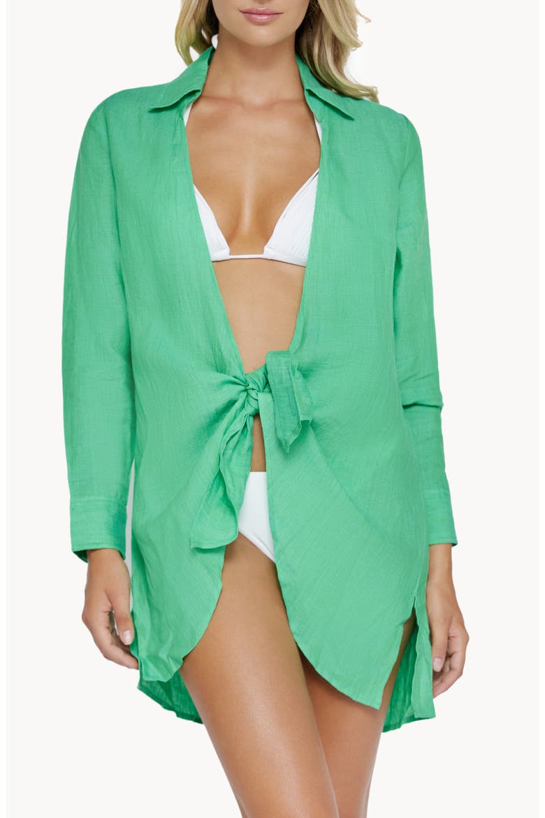 Millie Tie Linen Cover-Up Tunic Shirt, Main, color, MATCHA