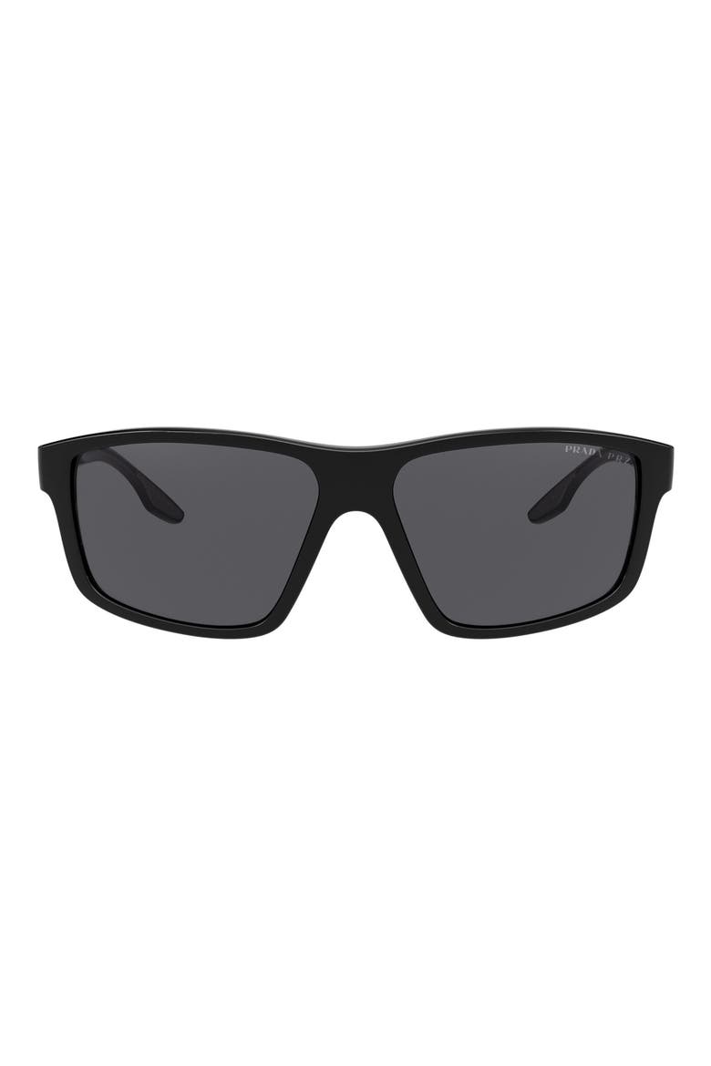60mm Polarized Rectangular Sunglasses, Main, color, BLACK