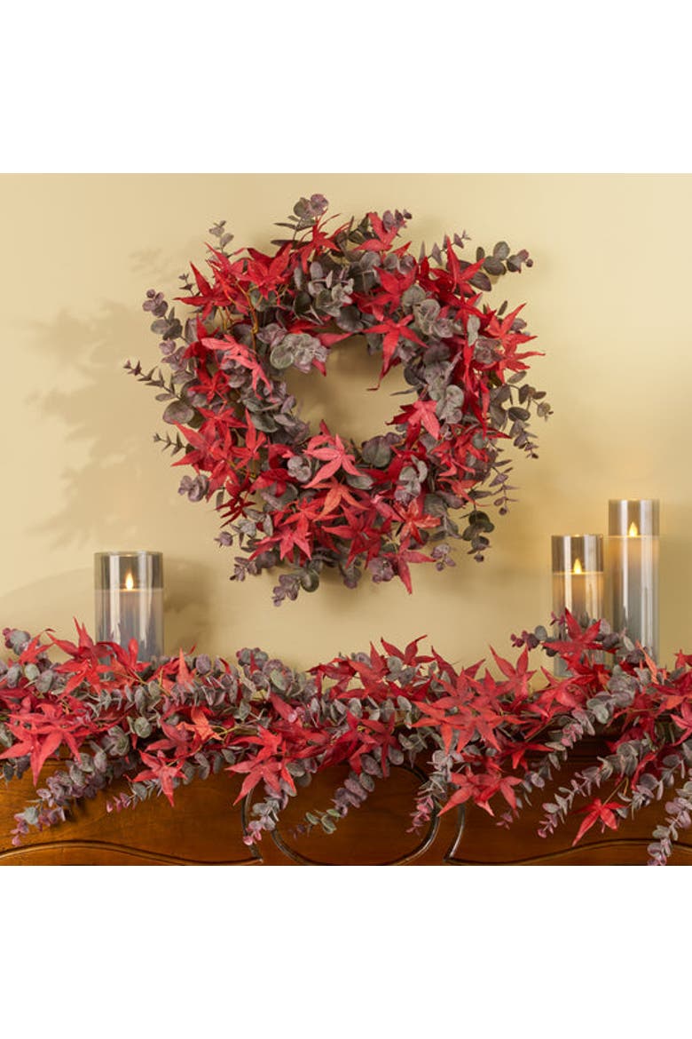 Autumn Evenings - Red Japanese Maple Leaf & Dusty Plum Botanical Eucalyptus Fall Front Door Wreath, Alternate, color, Red