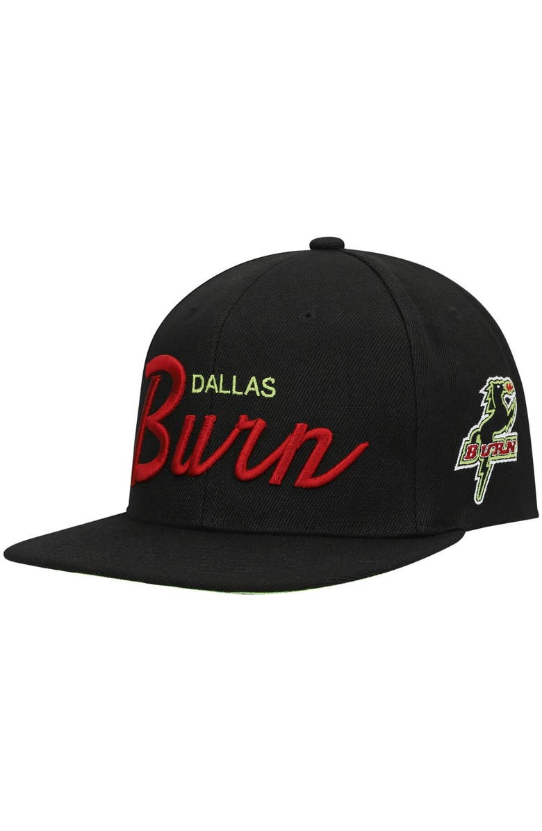 Mitchell & Ness Men's Mitchell & Ness Black/Green Dallas Burn Historic Logo Since '96 Foundation Script Snapback Hat, Main, color, 