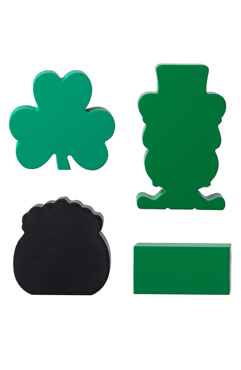 Glitzhome Set of 4 St. Patrick's Epoxy Wooden Shamrock & Pot of Gold & Leprechaun Table Decor, Alternate, color, Green