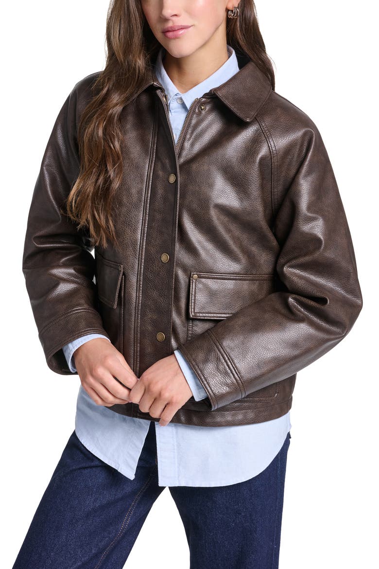 Faux Leather Relaxed Aviator Jacket, Alternate, color, BROWN