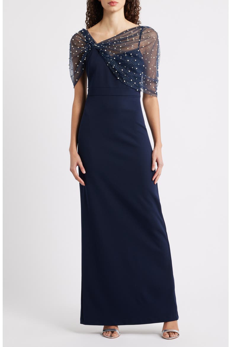 Faux Pearl Mesh Detail Gown, Main, color, NAVY