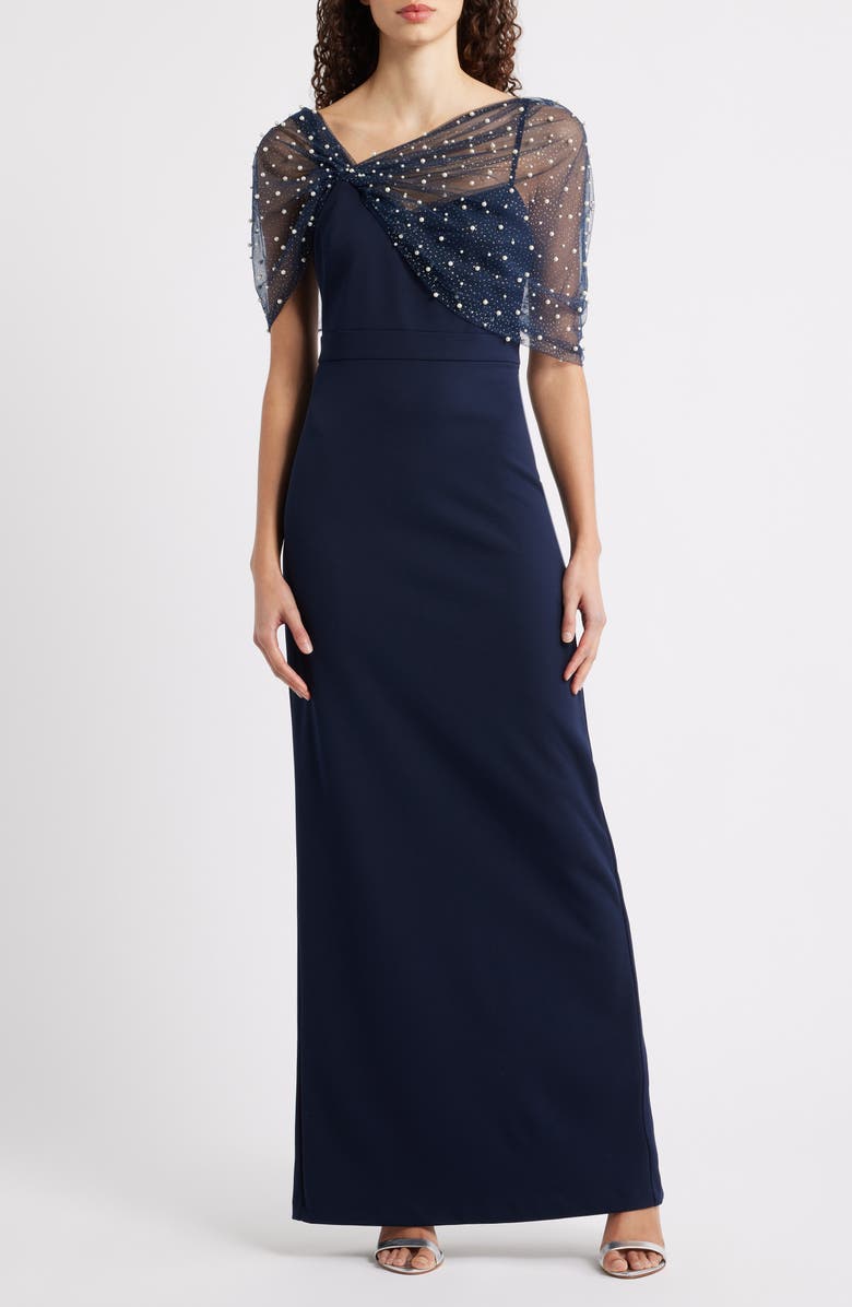 Eliza J Faux Pearl Mesh Detail Gown, Main, color, Navy