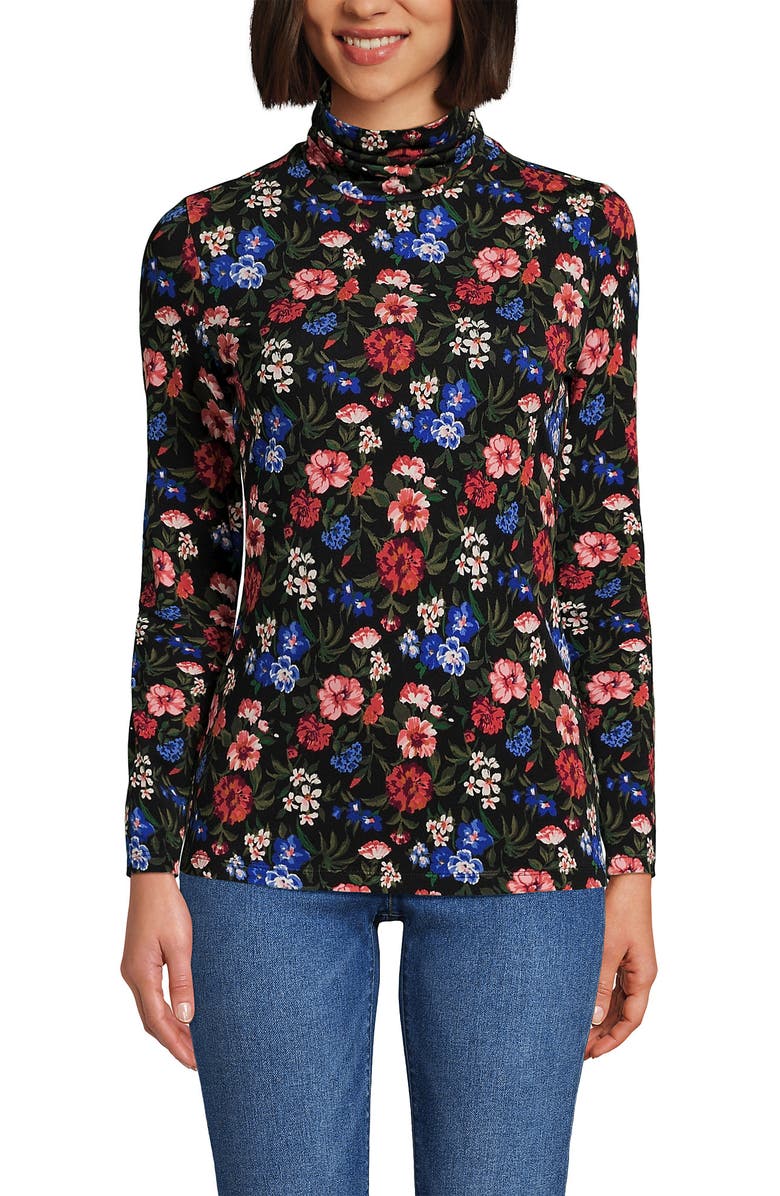 Lands' End Lightweight Jersey Long Sleeve Turtleneck, Alternate, color, Black Multi Floral