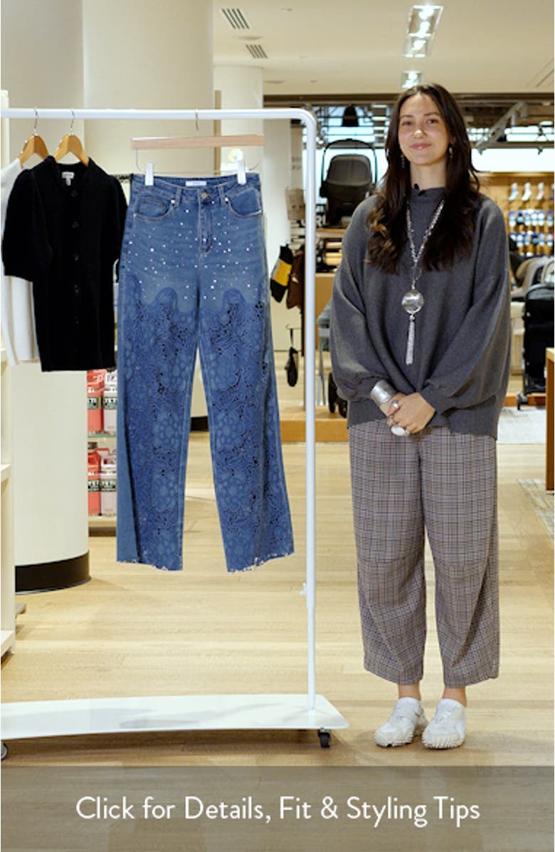 High Waist Floral Embroidered Raw Hem Wide Leg Jeans, sales video thumbnail