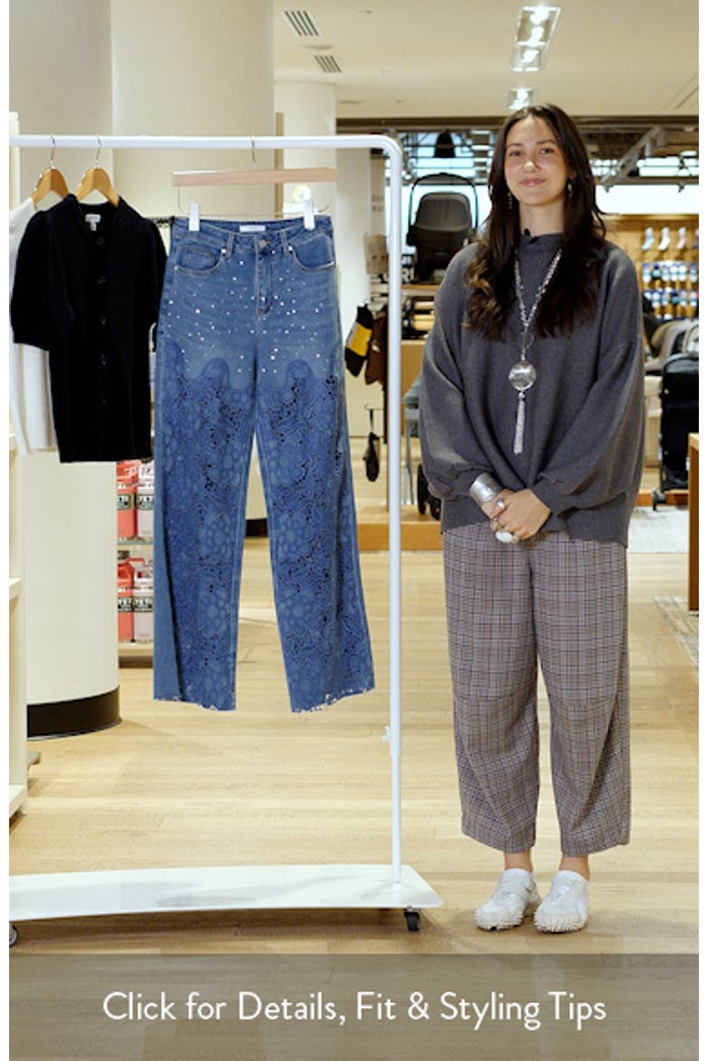 High Waist Floral Embroidered Raw Hem Wide Leg Jeans video