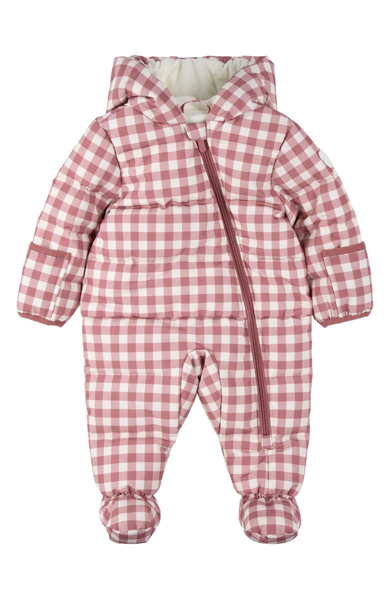 FIRSTS by Petit Lem Water Repellent Plum Gingham Hooded Snowsuit, Main, color, Plum