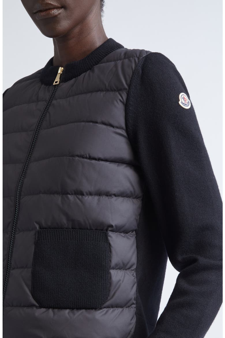 Virgin Wool Knit & Quilted Down Cardigan, Alternate, color, BLACK