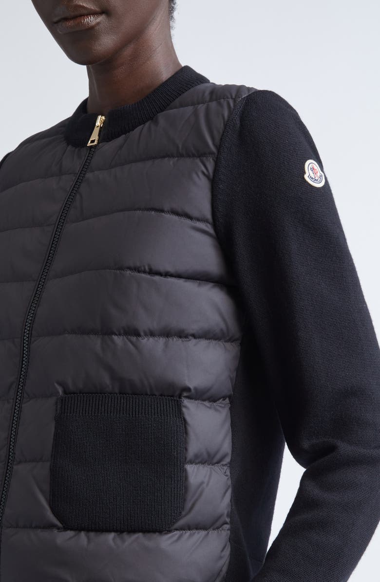Moncler Virgin Wool Knit & Quilted Down Cardigan, Alternate, color, Black