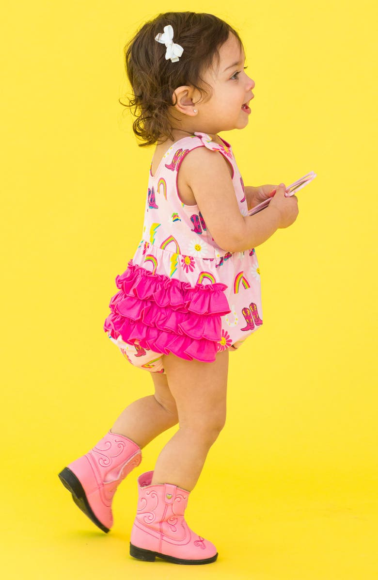 RuffleButts Cowgirl Cutie Ruffle Bubble Romper, Alternate, color, Pink