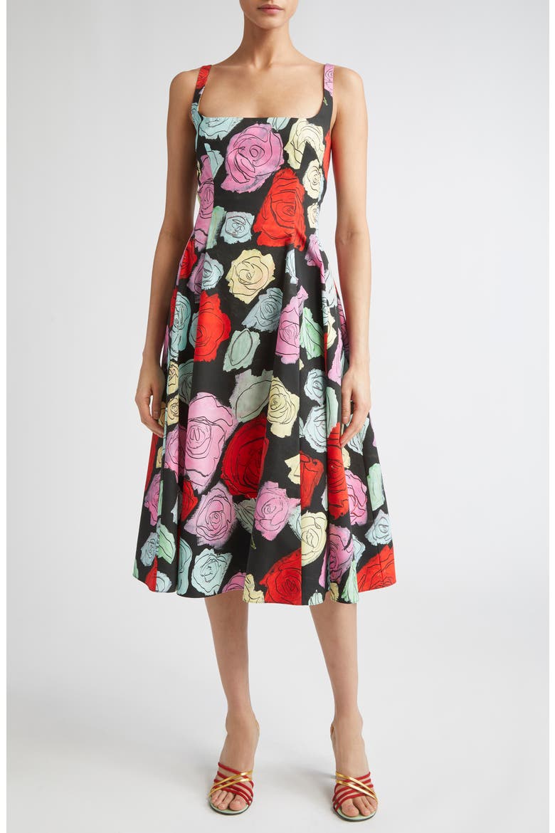 Fantasy Floral Pleated Fit & Flare Midi Dress, Main, color, BLACK