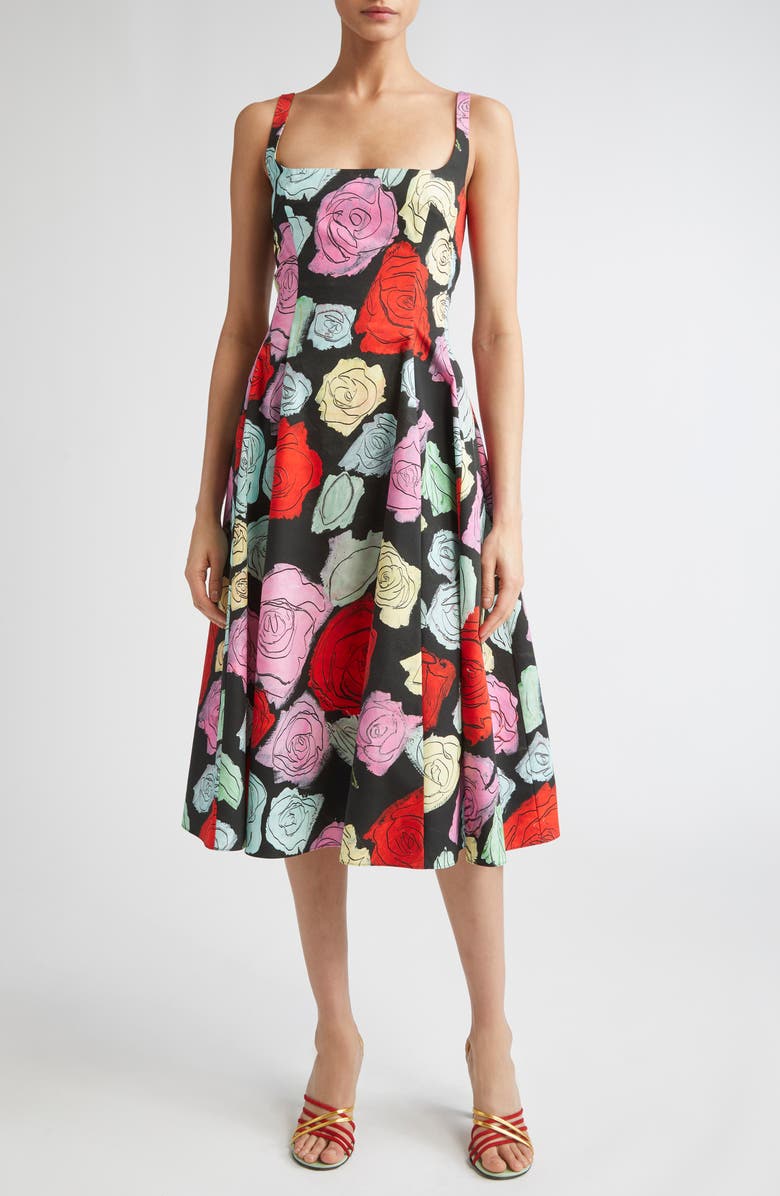 Marni Fantasy Floral Pleated Fit & Flare Midi Dress, Main, color, Black