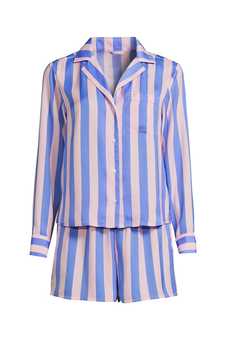 Plus Size Matte Satin 2 Piece Pajama Set - Long Sleeve Top and Shorts, Alternate, color, Light Rose Pink/Brisk Blue