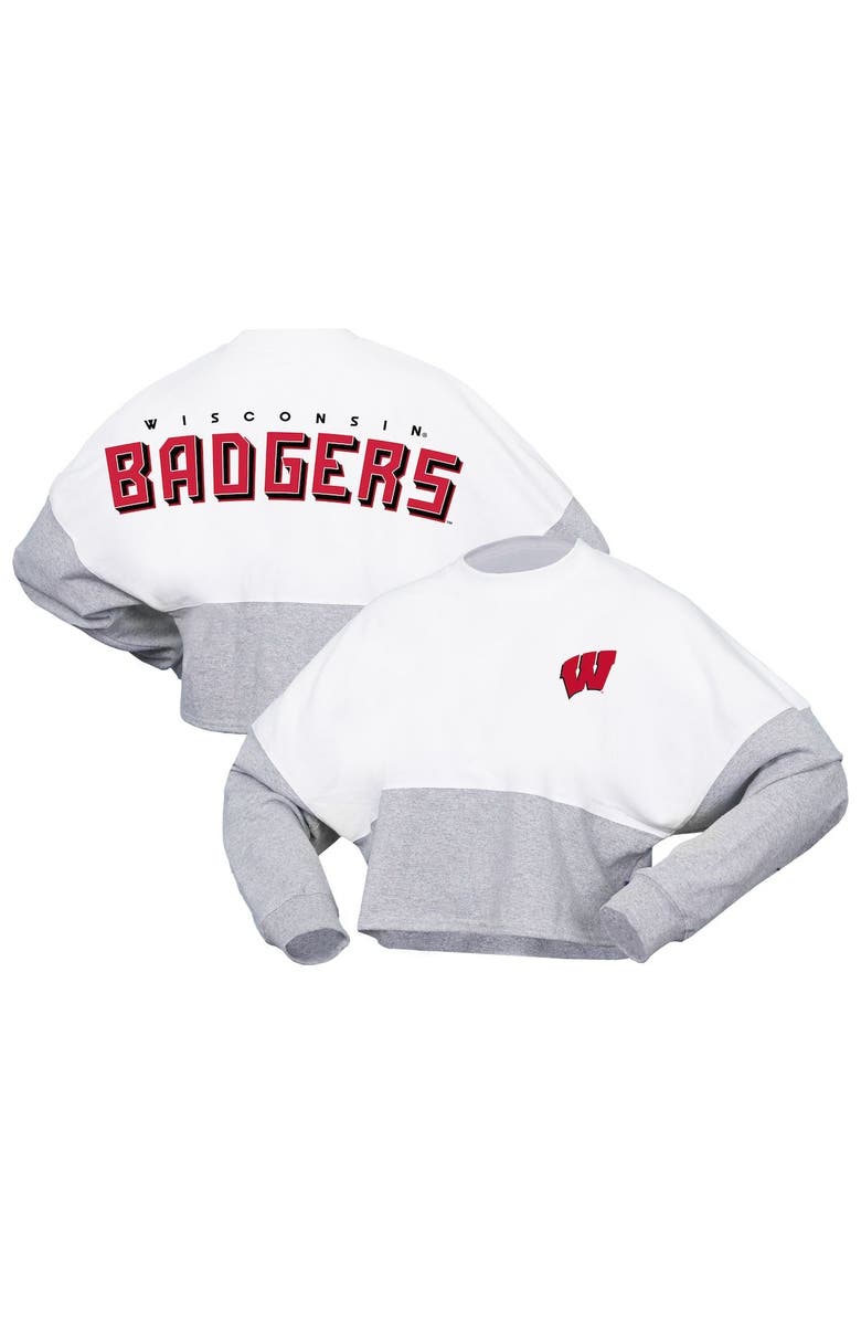SPIRIT JERSEY Women's Spirit Jersey  White Wisconsin Badgers Heather Block Cropped Long Sleeve Jersey T-Shirt, Main, color, White