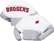 SPIRIT JERSEY Women's Spirit Jersey  White Wisconsin Badgers Heather Block Cropped Long Sleeve Jersey T-Shirt
