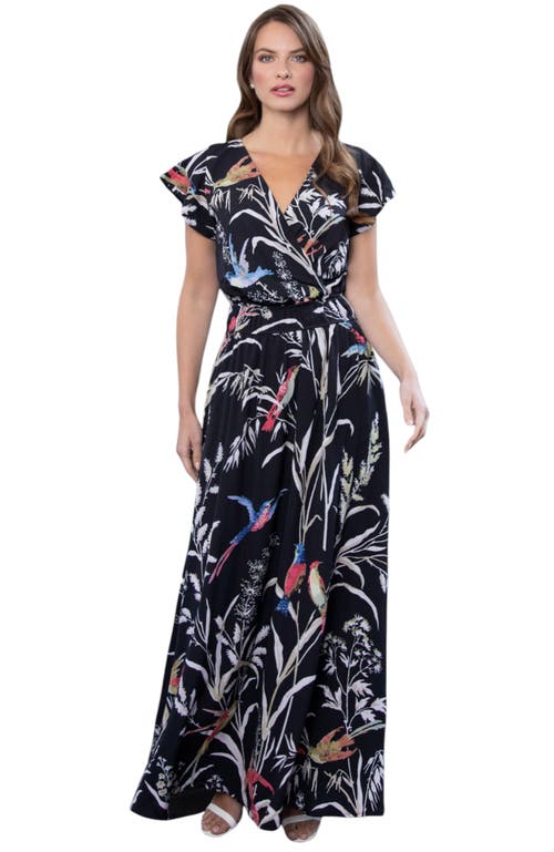 Hotsquash London Clothing Abstract Print Chiffon Faux Wrap Maxi Dress In Bird Print